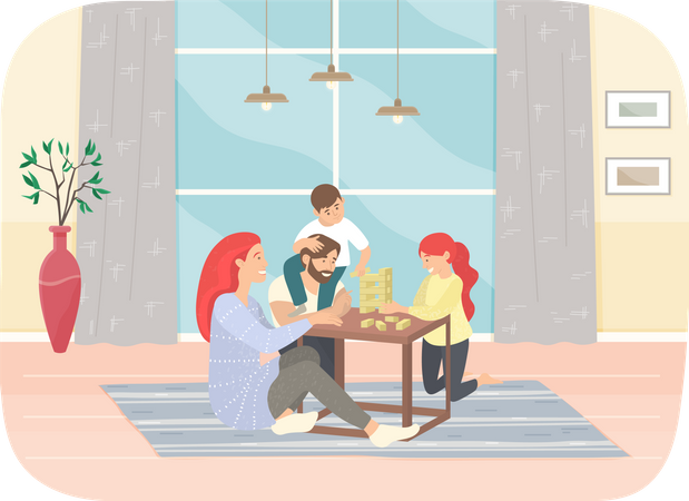 La familia juega Jenga en el apartamento  Ilustración