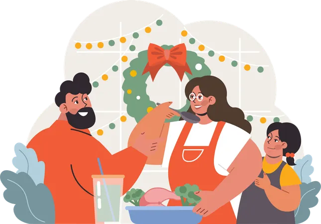 La familia se prepara para la fiesta de Navidad  Ilustración