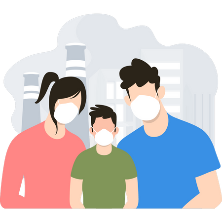 Familia usa máscaras para protegerse de la contaminación del aire  Ilustración