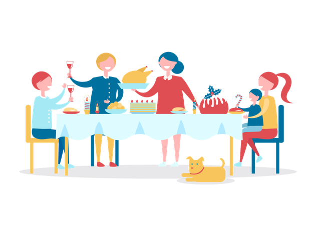 La famille à table prépare un délicieux dîner de Noël  Illustration