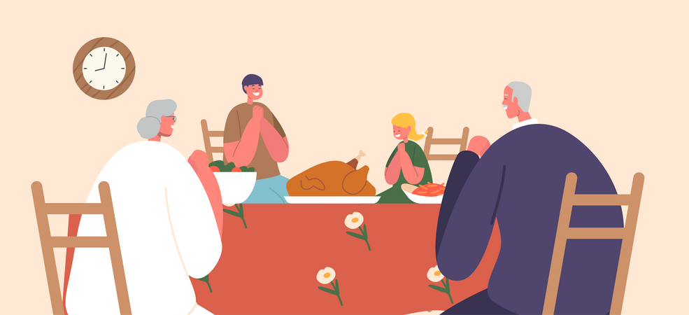 Une famille chrétienne prie ensemble au repas  Illustration