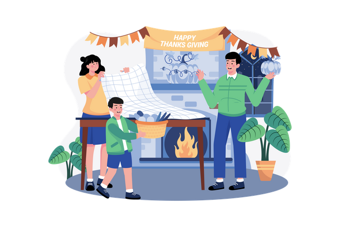 La famille décore ensemble le jour de Thanksgiving  Illustration