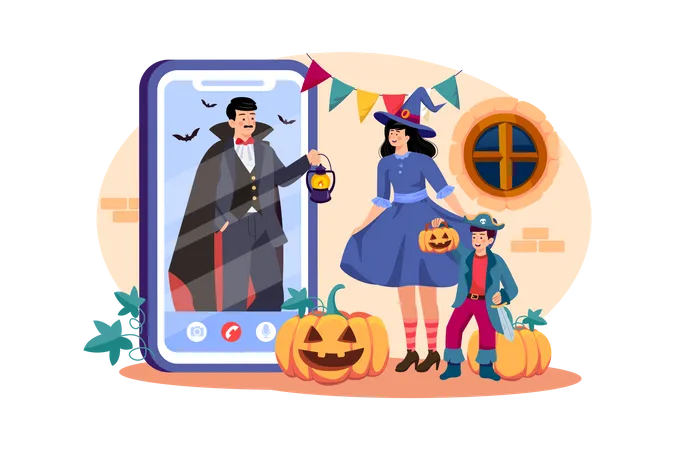 La famille décore pour Halloween  Illustration