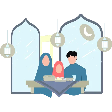 La famille est assise pour l'Iftar  Illustration