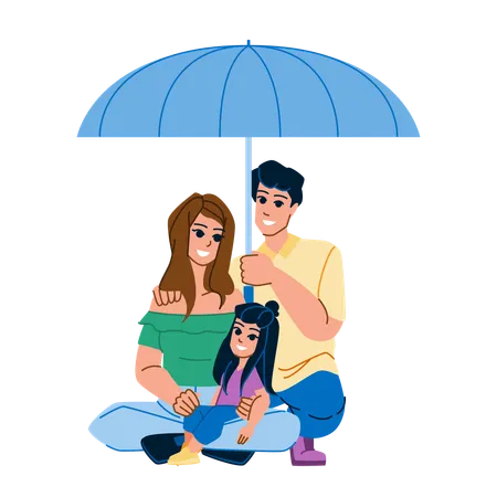 La famille est assise sous un parapluie  Illustration