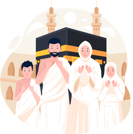 Une famille musulmane porte des vêtements d'ihram pour effectuer le Hajj  Illustration