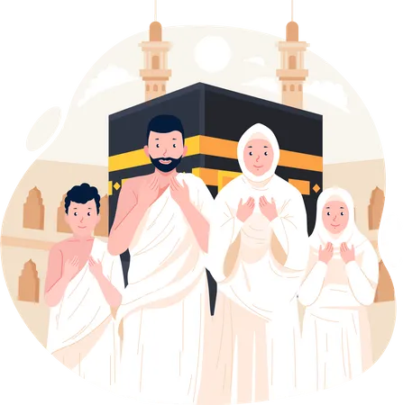 Une famille musulmane porte des vêtements d'ihram pour effectuer le Hajj  Illustration