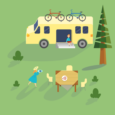 La famille passe du temps dans la nature au camping-car  Illustration