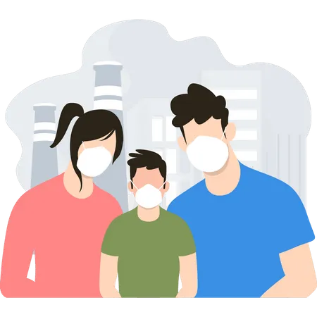 Une famille porte des masques pour se protéger de la pollution de l'air  Illustration