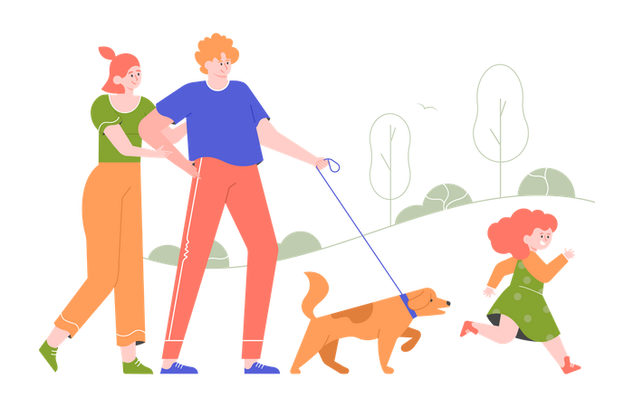 La famille marchant dans le parc avec le chien  Illustration