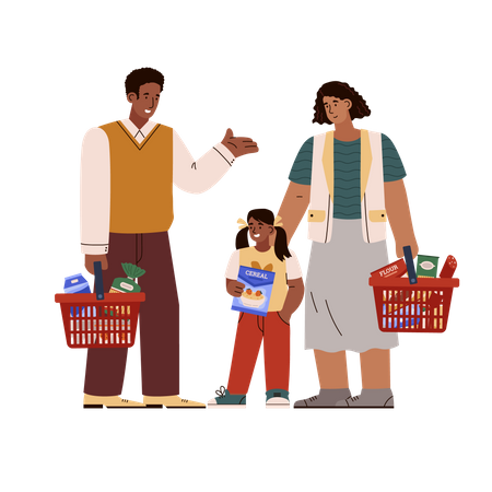 Une famille remplit des paniers de produits d'épicerie coûteux  Illustration