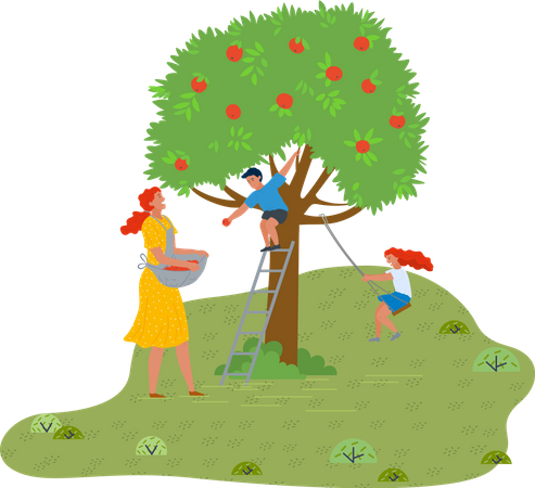 La famille s'amuse en plein air dans le jardin près du pommier  Illustration