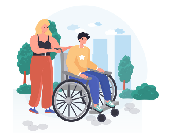 La femme accompagne l'homme handicapé jusqu'au déambulateur  Illustration