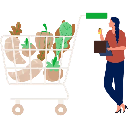 La femme achète des produits d'épicerie en ligne  Illustration