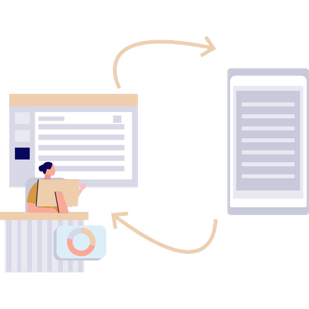 La femme convertit des fichiers sur l'écran du moniteur  Illustration