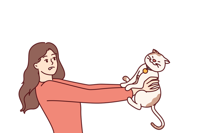 La femme est allergique aux chatons et aux poils volants de son animal de compagnie et doit prendre une pilule antiallergène  Illustration