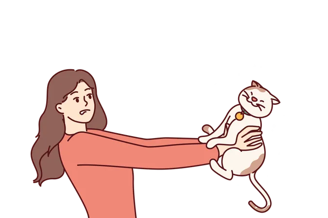 La femme est allergique aux chatons et aux poils volants de son animal de compagnie et doit prendre une pilule antiallergène  Illustration