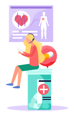 La femme est assise sur un récipient contenant des pilules  Illustration