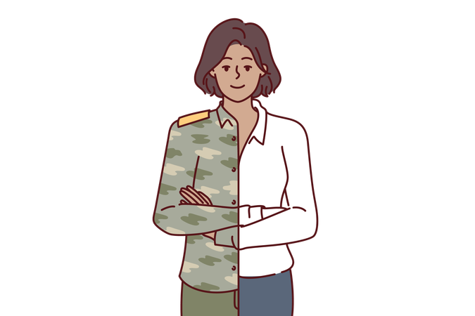 La femme est habillée en uniforme militaire et en tenue de travail en même temps  Illustration