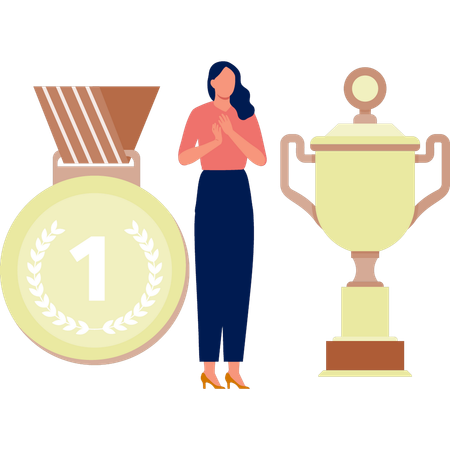 La femme est heureuse avec sa médaille et son lot  Illustration