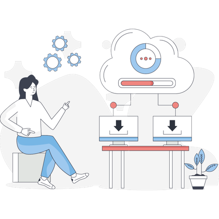La femme télécharge des données cloud  Illustration