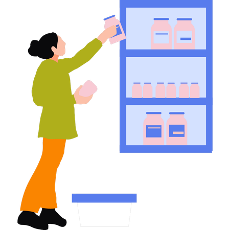 La fille arrange des bouteilles dans le supermarché  Illustration