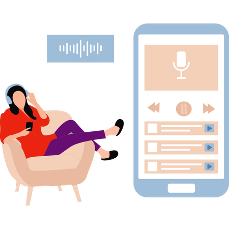La fille écoute un podcast sur le canapé  Illustration