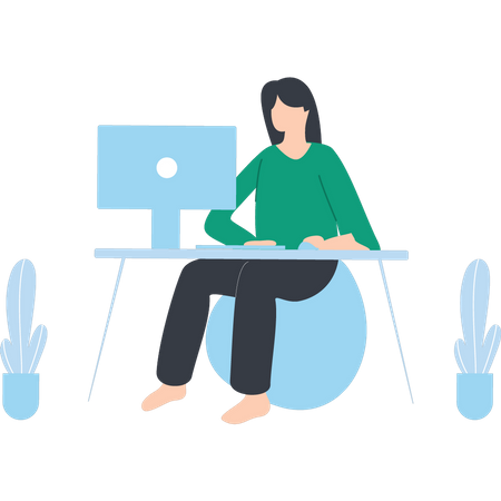 La fille est assise à la table de travail  Illustration