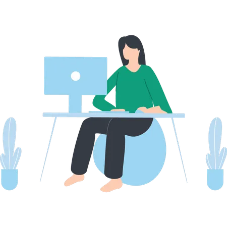 La fille est assise à la table de travail  Illustration