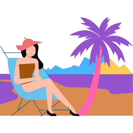 La jeune fille est assise sur une chaise sur la plage  Illustration