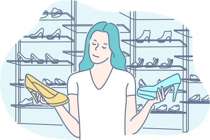 La fille est confuse lors de l'achat de chaussures  Illustration