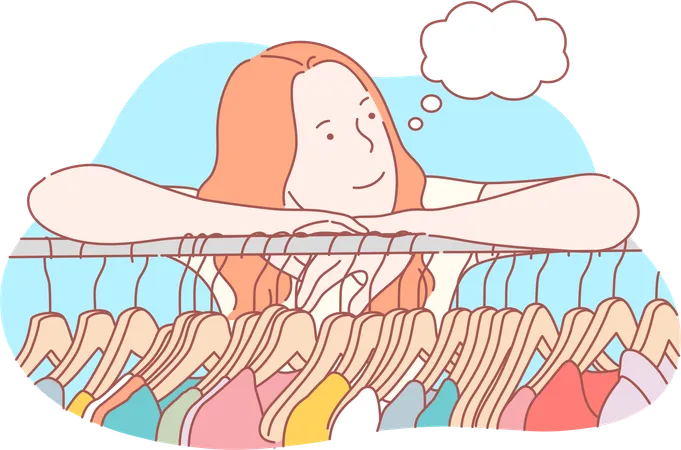 La fille est confuse en faisant du shopping en tissu  Illustration