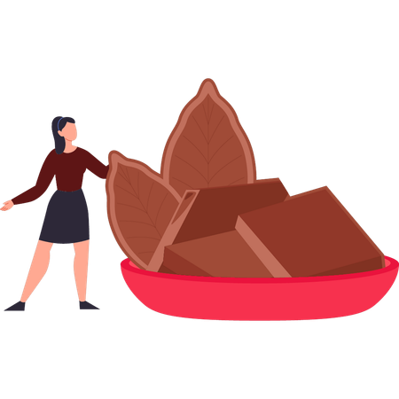 La fille se tient à côté du plateau de chocolat  Illustration
