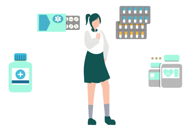 La fille est debout dans la pharmacie  Illustration