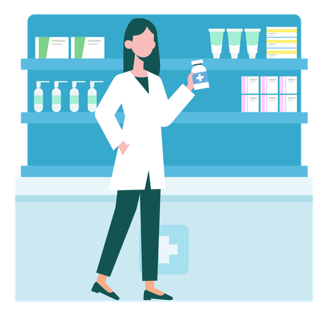 La fille est debout dans la pharmacie  Illustration