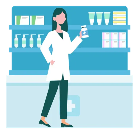 La fille est debout dans la pharmacie  Illustration