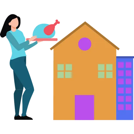 La jeune fille se tient à l'extérieur de la maison, tenant un poulet rôti  Illustration