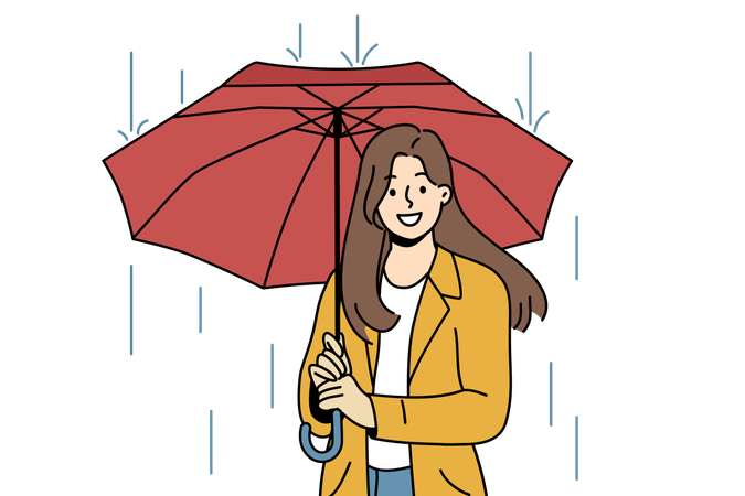 La fille est debout sous un parapluie pendant la saison des pluies  Illustration