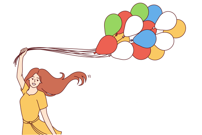 La fille est heureuse en faisant voler des ballons  Illustration