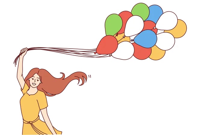 La fille est heureuse en faisant voler des ballons  Illustration