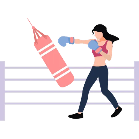 La fille boxe avec un sac de boxe  Illustration