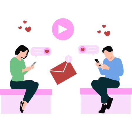 La fille et le garçon utilisent des téléphones portables pour discuter d'amour  Illustration