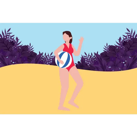 La fille joue avec un ballon de plage  Illustration