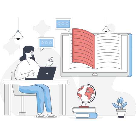 La fille lit un livre en ligne  Illustration