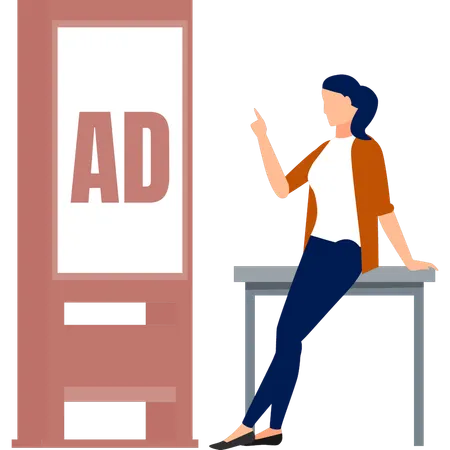La fille montre du doigt un panneau d'affichage publicitaire  Illustration