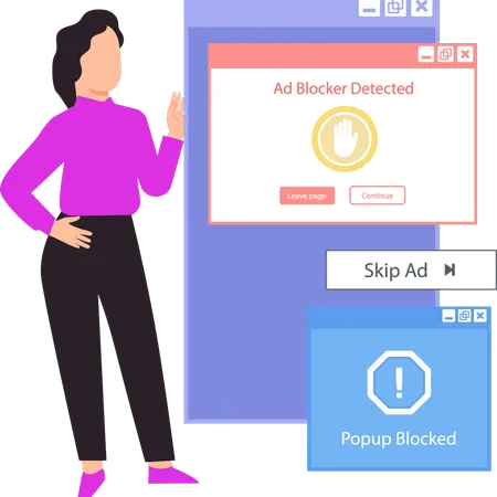 La jeune fille montre le bloqueur de publicités détecté.  Illustration