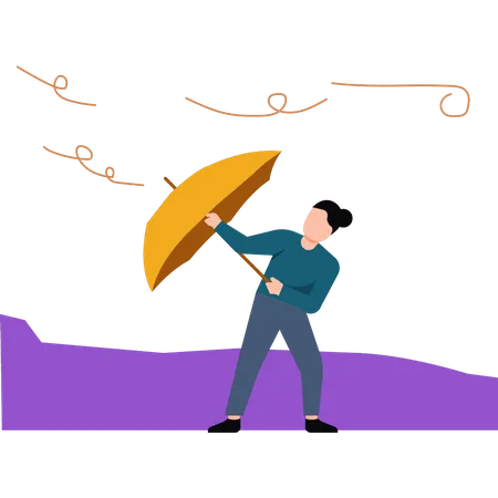 La jeune fille protège son parapluie du vent fort  Illustration