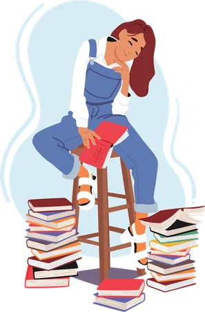 La fille se sent heureuse en lisant un livre sur un tabouret  Illustration