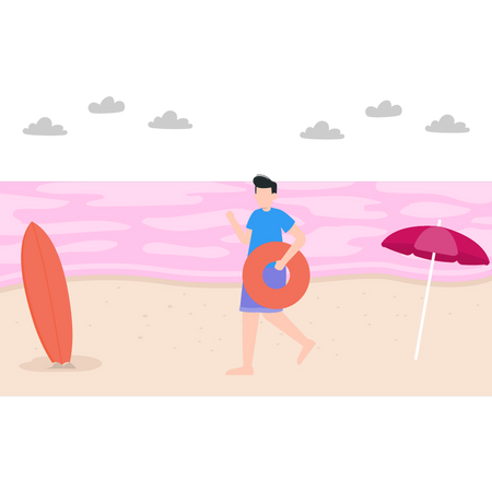 La garde côtière se tient sur la plage avec un tube en caoutchouc  Illustration