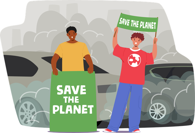 La génération Z se bat pour sauver la planète, debout dans la rue dans la fumée de sa voiture  Illustration